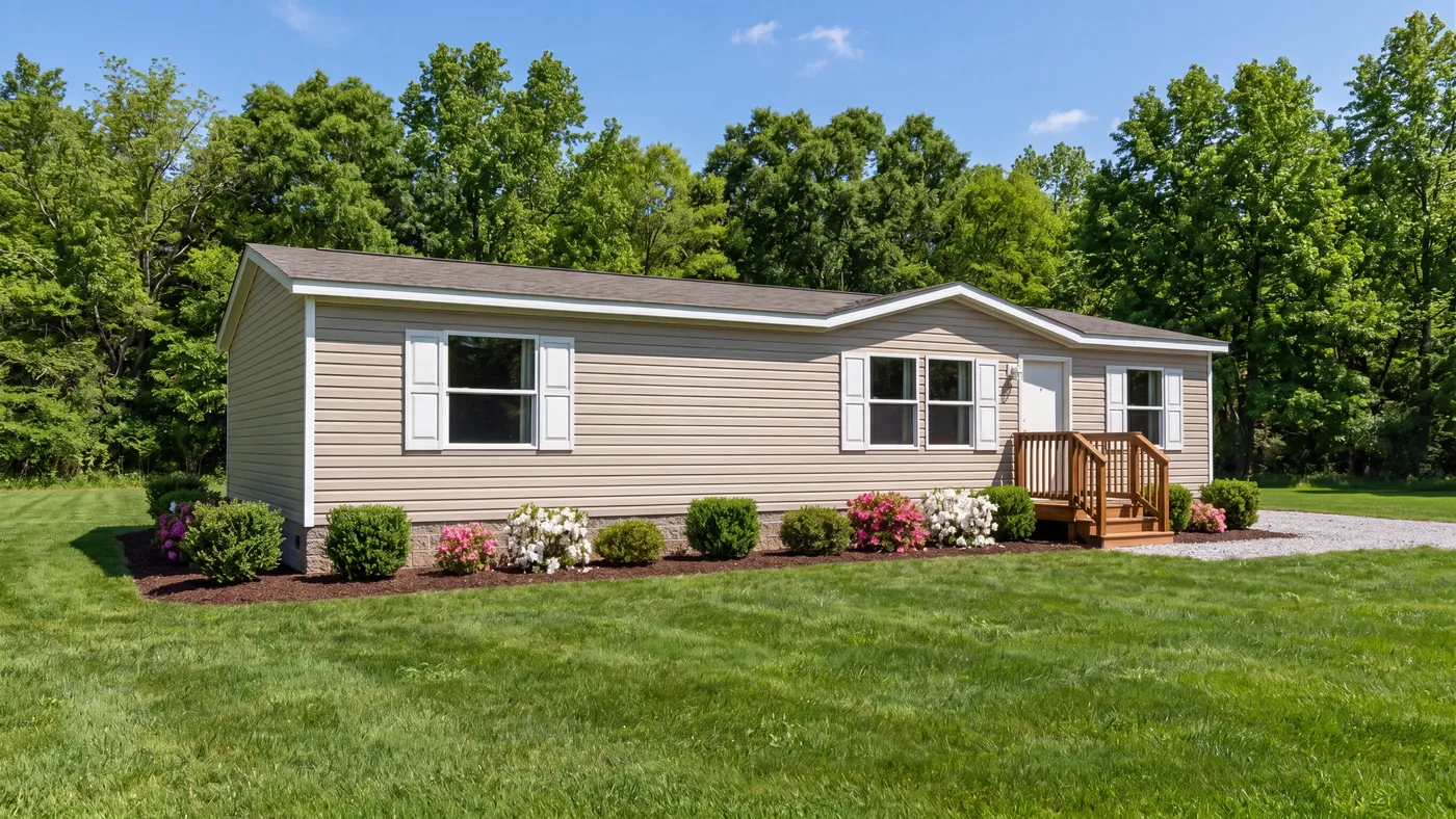 The MAPLE Exterior. This Manufactured Mobile Home features 3 bedrooms and 2 baths.
