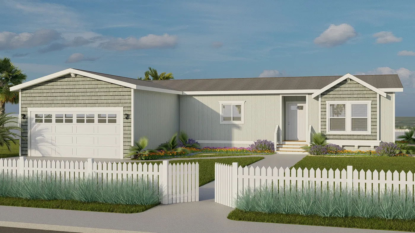 The CORONADO 24563C Craftsman Exterior with Garage. This Manufactured Mobile Home features 3 bedrooms and 2 baths.