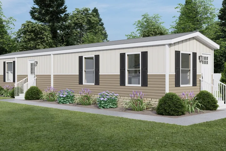 The CORTES Exterior. This Manufactured Mobile Home features 2 bedrooms and 2 baths.