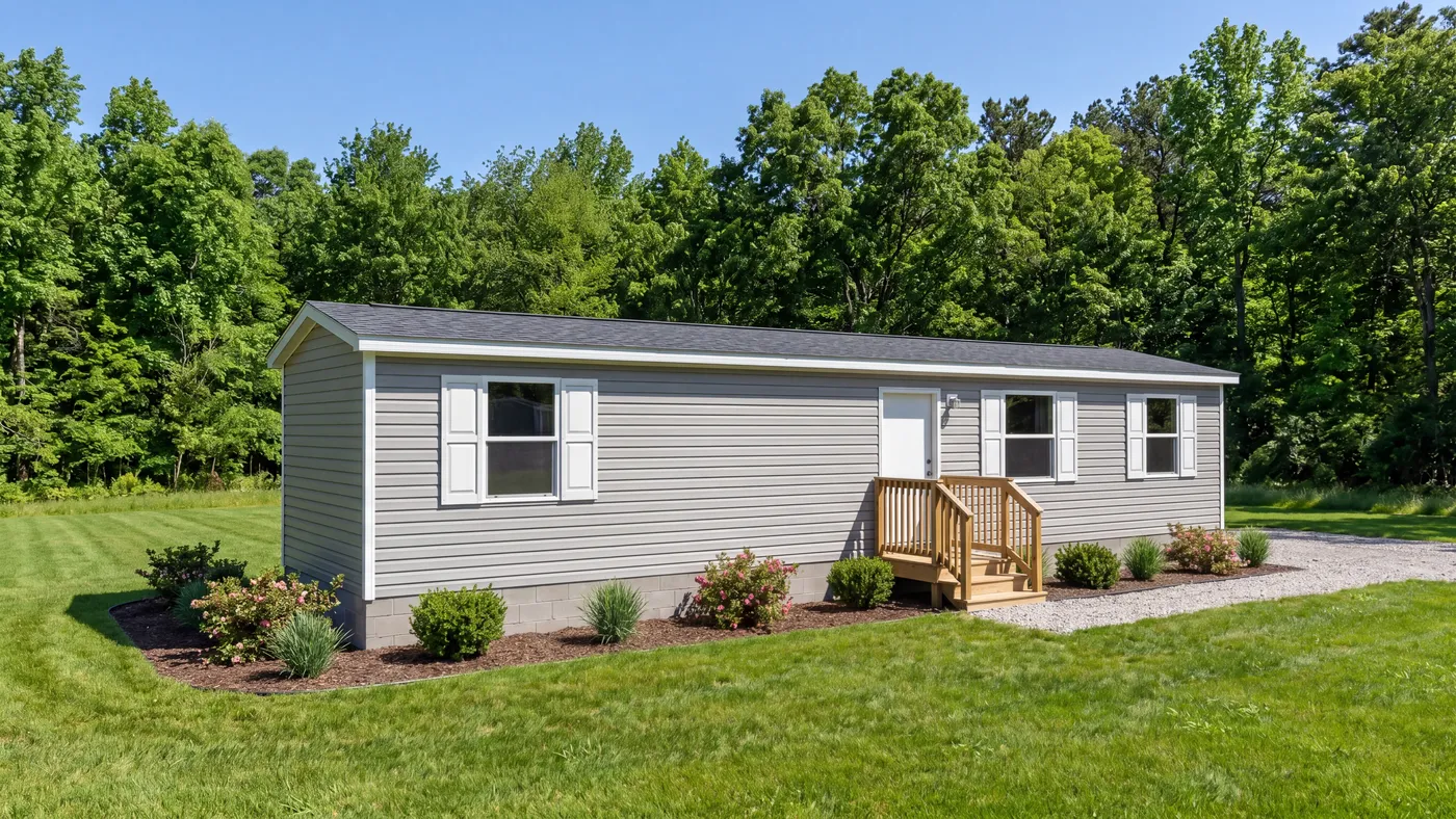 The TULIP Exterior. This Manufactured Mobile Home features 2 bedrooms and 1 bath.