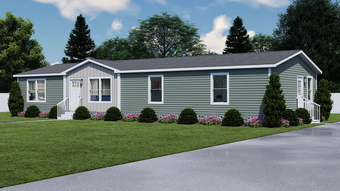 The ROCKET MAN Exterior. This Manufactured Mobile Home features 3 bedrooms and 2 baths.