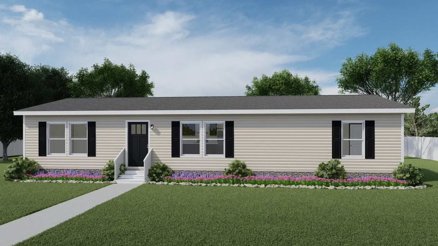 The REVEAL Exterior with Mist Vinyl. This Manufactured Mobile Home features 3 bedrooms and 2 baths.