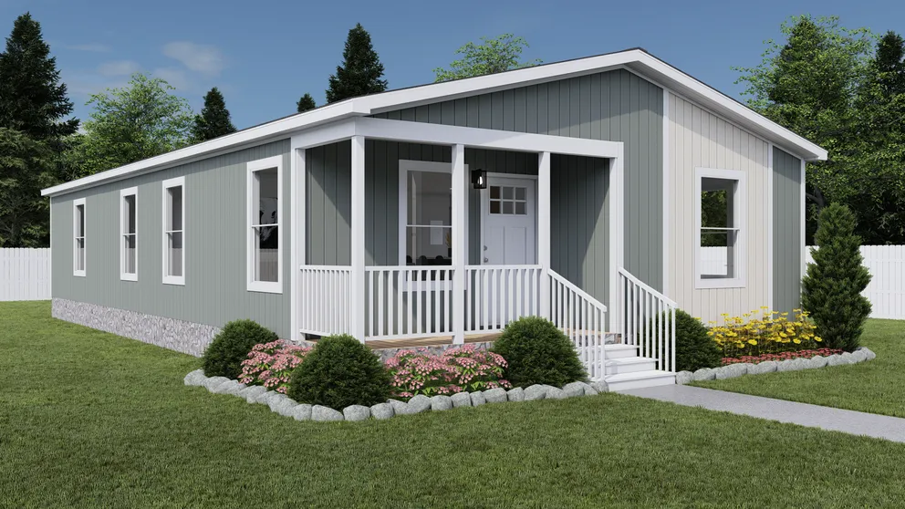 The GOOD TIMES Exterior. This Manufactured Mobile Home features 3 bedrooms and 2 baths. Light Drizzle, Oatmeal and Delicate White.