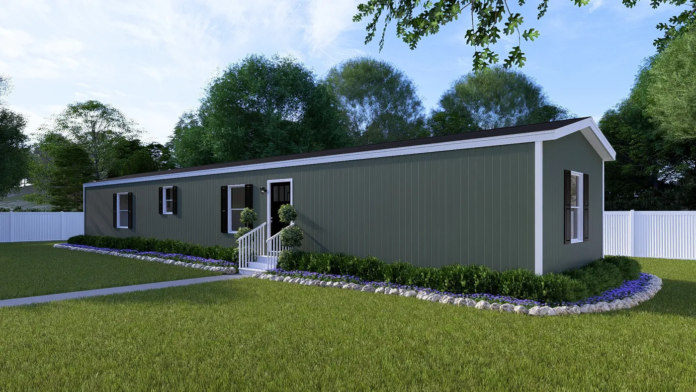 The DESIRE Exterior in Olive. This Manufactured Mobile Home features 3 bedrooms and 2 baths.