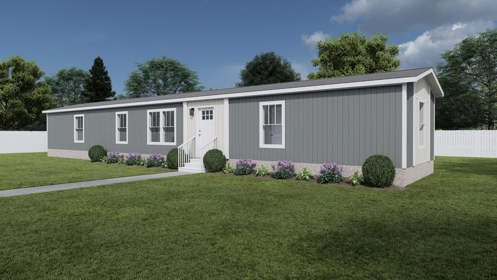 The SWEET CAROLINE Exterior. This Manufactured Mobile Home features 3 bedrooms and 2 baths. Gray Heron, Oatmeal and Delicate White. 
