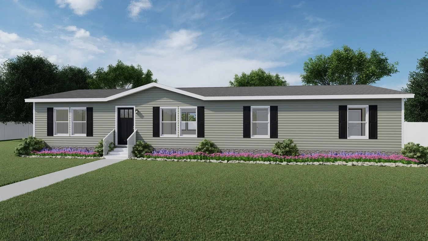 The IMPACT Exterior with Olive Vinyl. This Manufactured Mobile Home features 4 bedrooms and 2 baths.