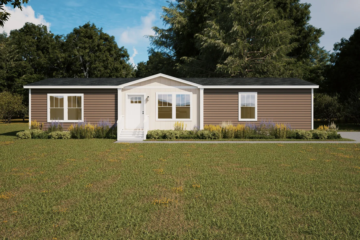 The WONDERFUL WORLD Exterior. This Manufactured Mobile Home features 3 bedrooms and 2 baths.