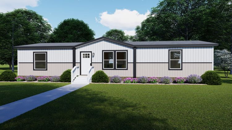 Tulle White - Southern Ranch elevation. The RIO Exterior. This Manufactured Mobile Home features 3 bedrooms and 2 baths.