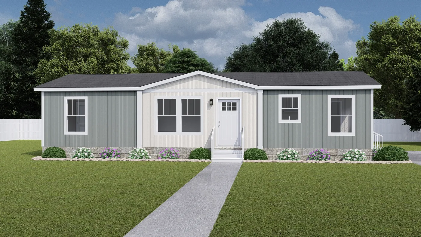 The HERE COMES THE SUN Exterior. This Manufactured Mobile Home features 3 bedrooms and 2 baths.