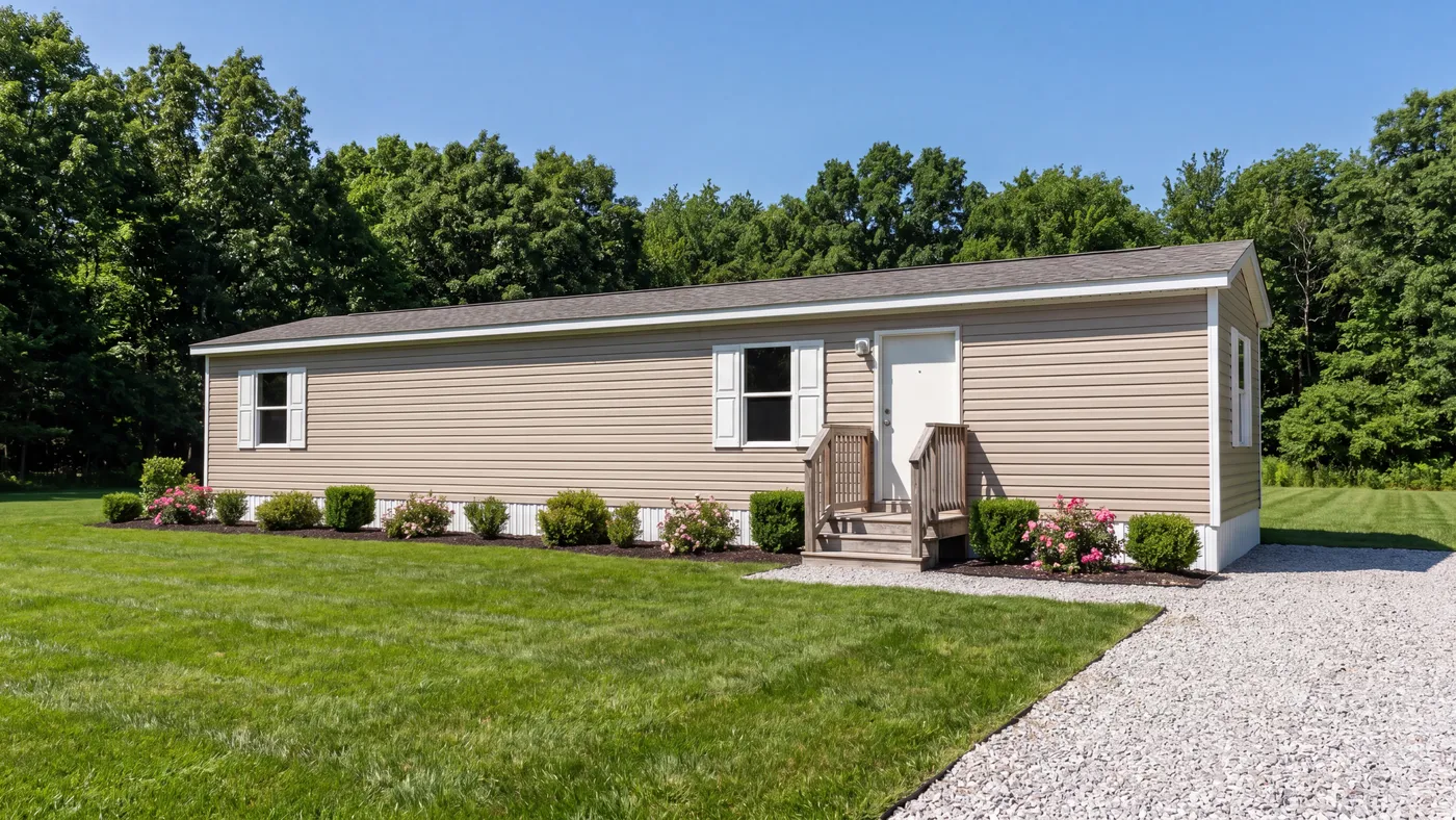 The ELM Exterior. This Manufactured Mobile Home features 2 bedrooms and 1 bath.