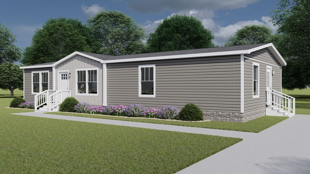 The LET IT BE Exterior. This Manufactured Mobile Home features 3 bedrooms and 2 baths.