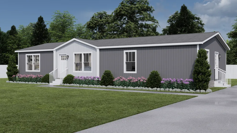 The BROWN EYED GIRL Exterior. This Manufactured Mobile Home features 4 bedrooms and 2 baths. Dover Gray, Thin Ice and Delicate White.