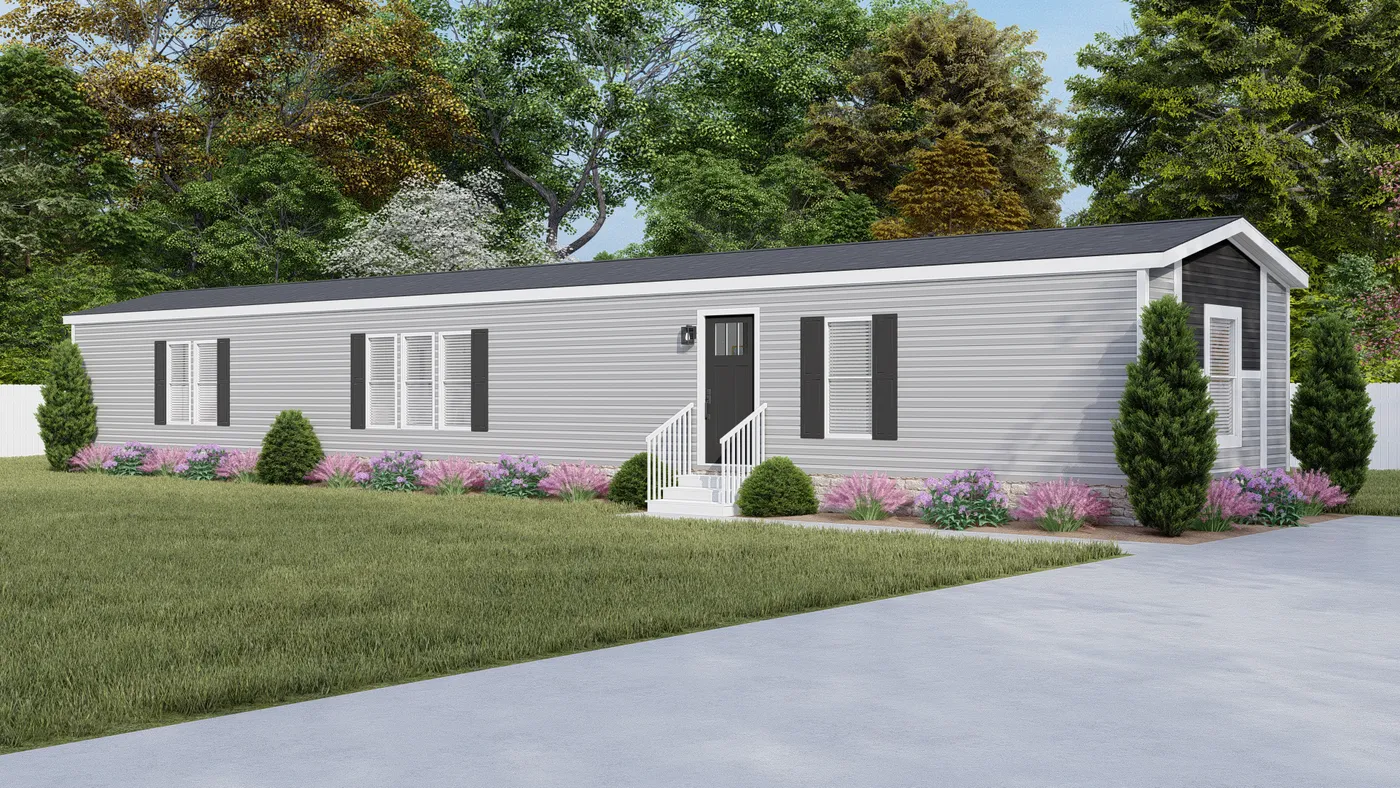The REV 76 Exterior. This Manufactured Mobile Home features 3 bedrooms and 2 baths.