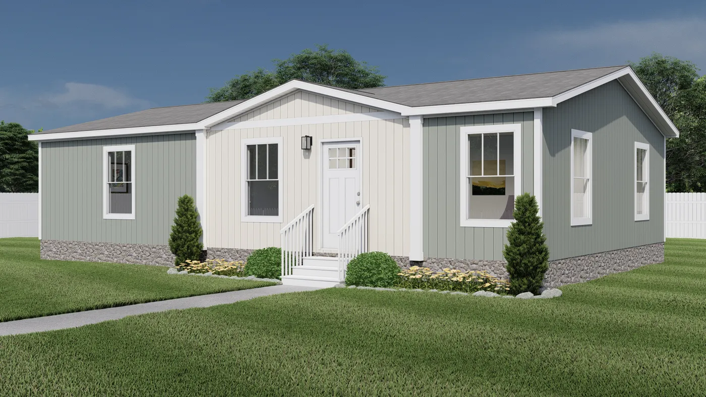 The BEAUTIFUL MORNING Exterior. This Manufactured Mobile Home features 3 bedrooms and 2 baths.