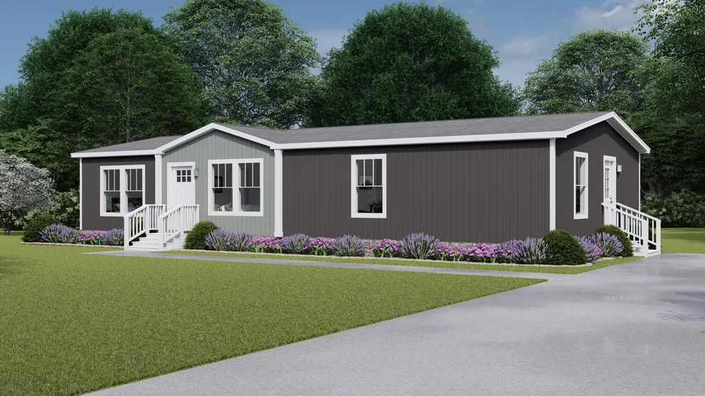 The SHOUT Exterior. This Manufactured Mobile Home features 3 bedrooms and 2 baths. Stones Throw, Light Drizzle and Delicate White. 