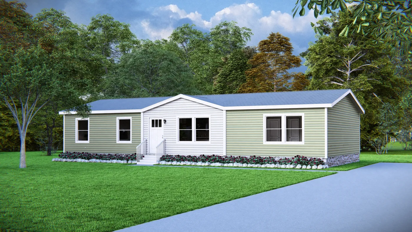 The LEGEND 28X56 4 BR Exterior. This Manufactured Mobile Home features 4 bedrooms and 2 baths.