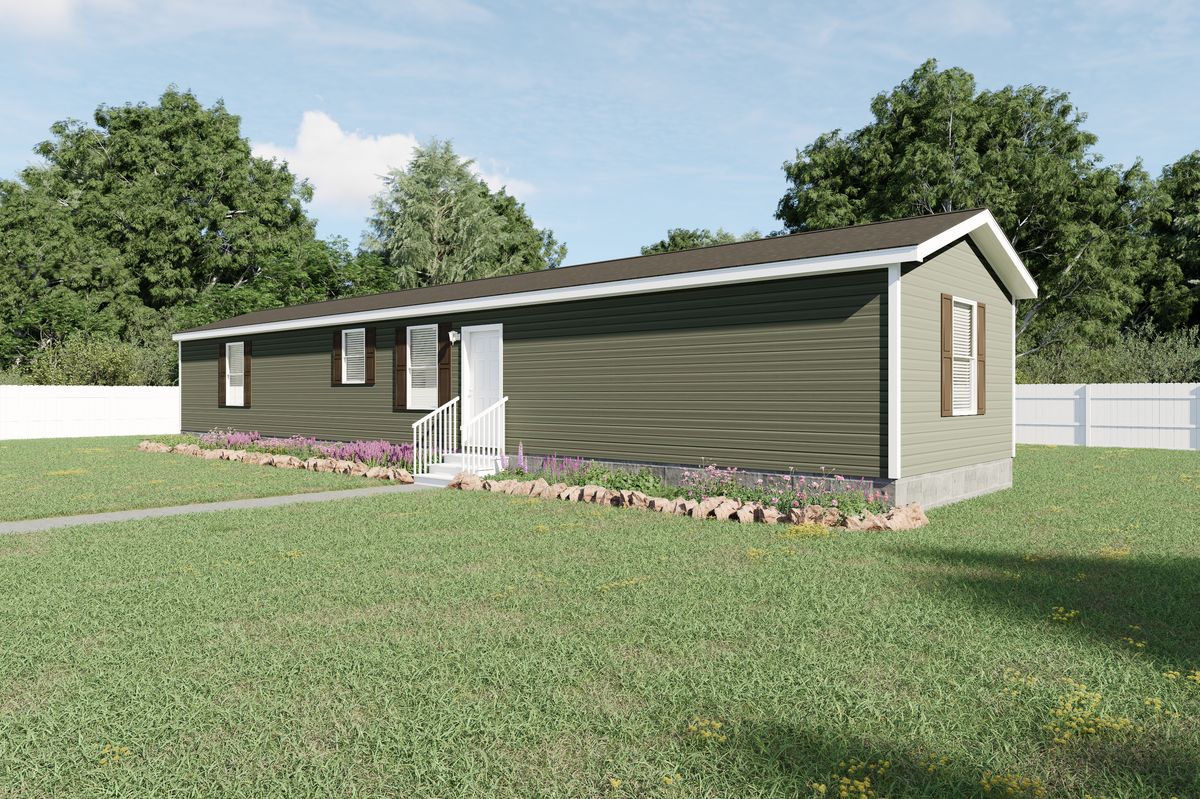 The 6616-CC01 CORNERSTONE 66 Exterior. This Manufactured Mobile Home features 3 bedrooms and 2 baths.