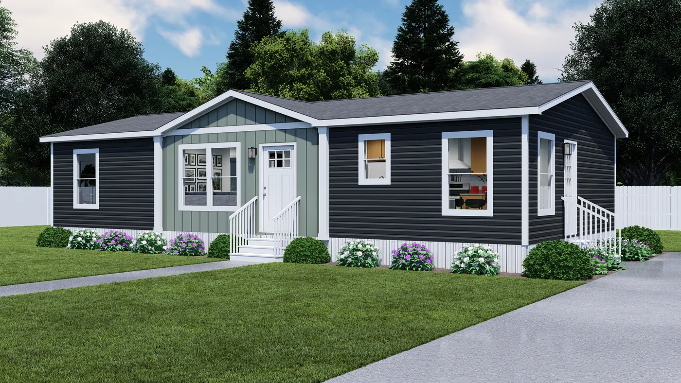 The HERE COMES THE SUN Exterior. This Manufactured Mobile Home features 3 bedrooms and 2 baths.