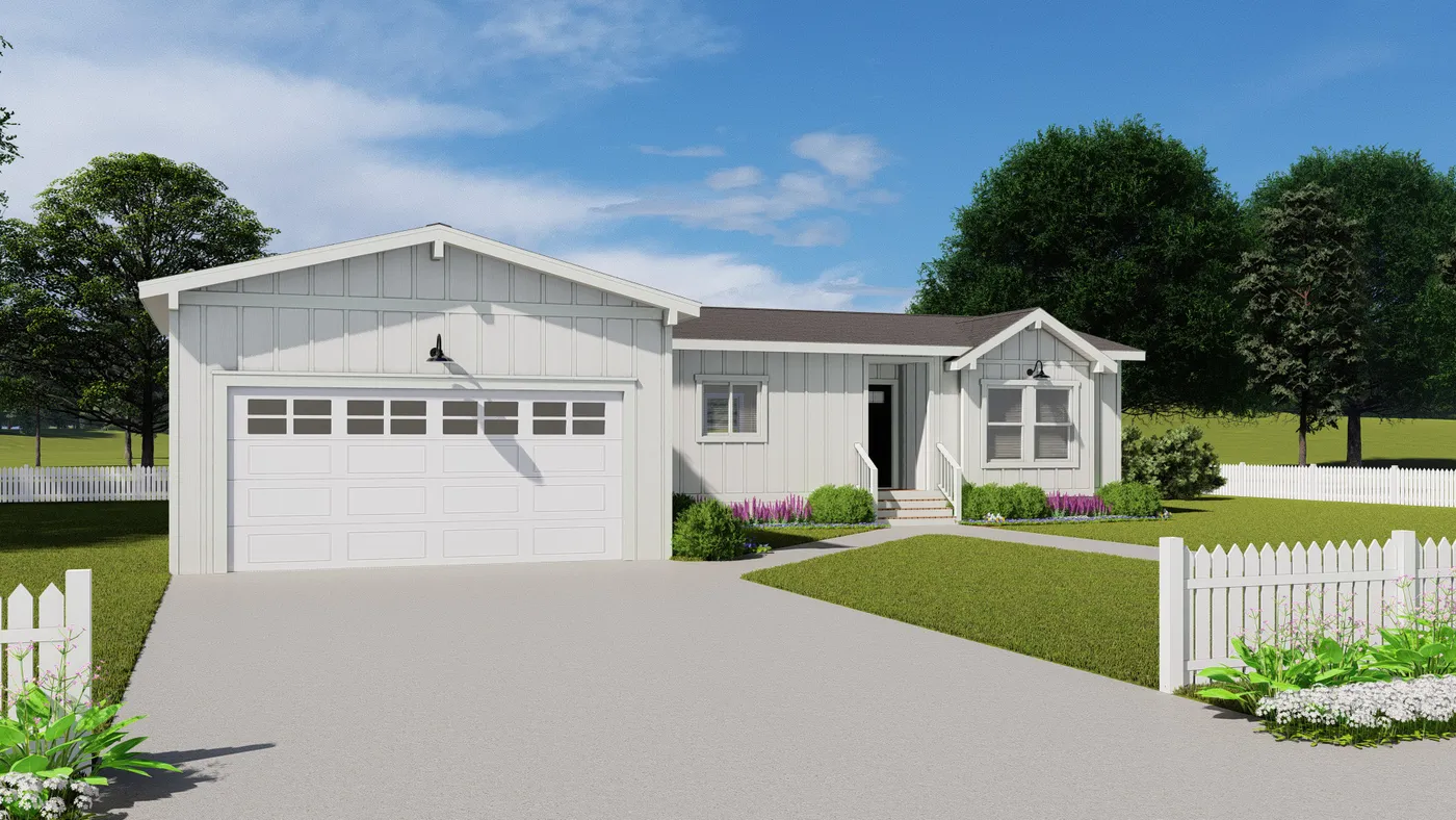 The CORONADO 24563C Farmhouse Exterior with Garage. This Manufactured Mobile Home features 3 bedrooms and 2 baths.