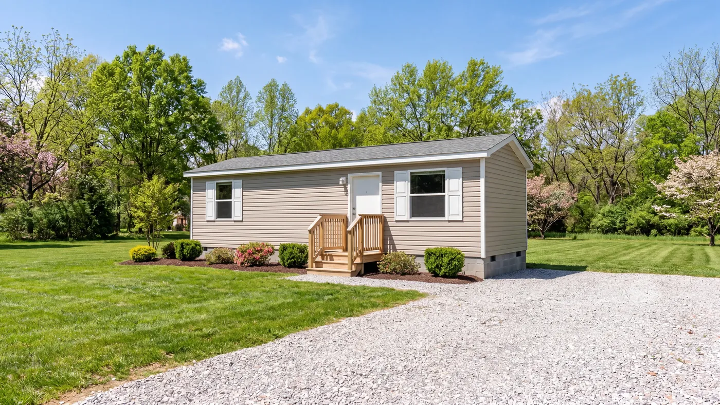 The BUTTERCUP Exterior. This Manufactured Mobile Home features 1 bedroom and 1 bath.