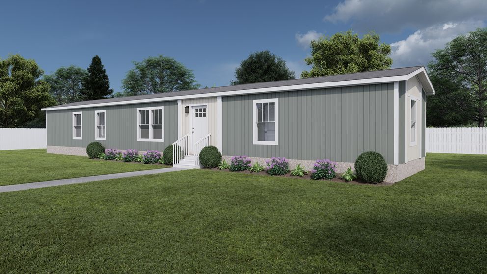 The SOLSBURY HILL Exterior. This Manufactured Mobile Home features 3 bedrooms and 2 baths. Light Drizzle, Oatmeal and Delicate White.
