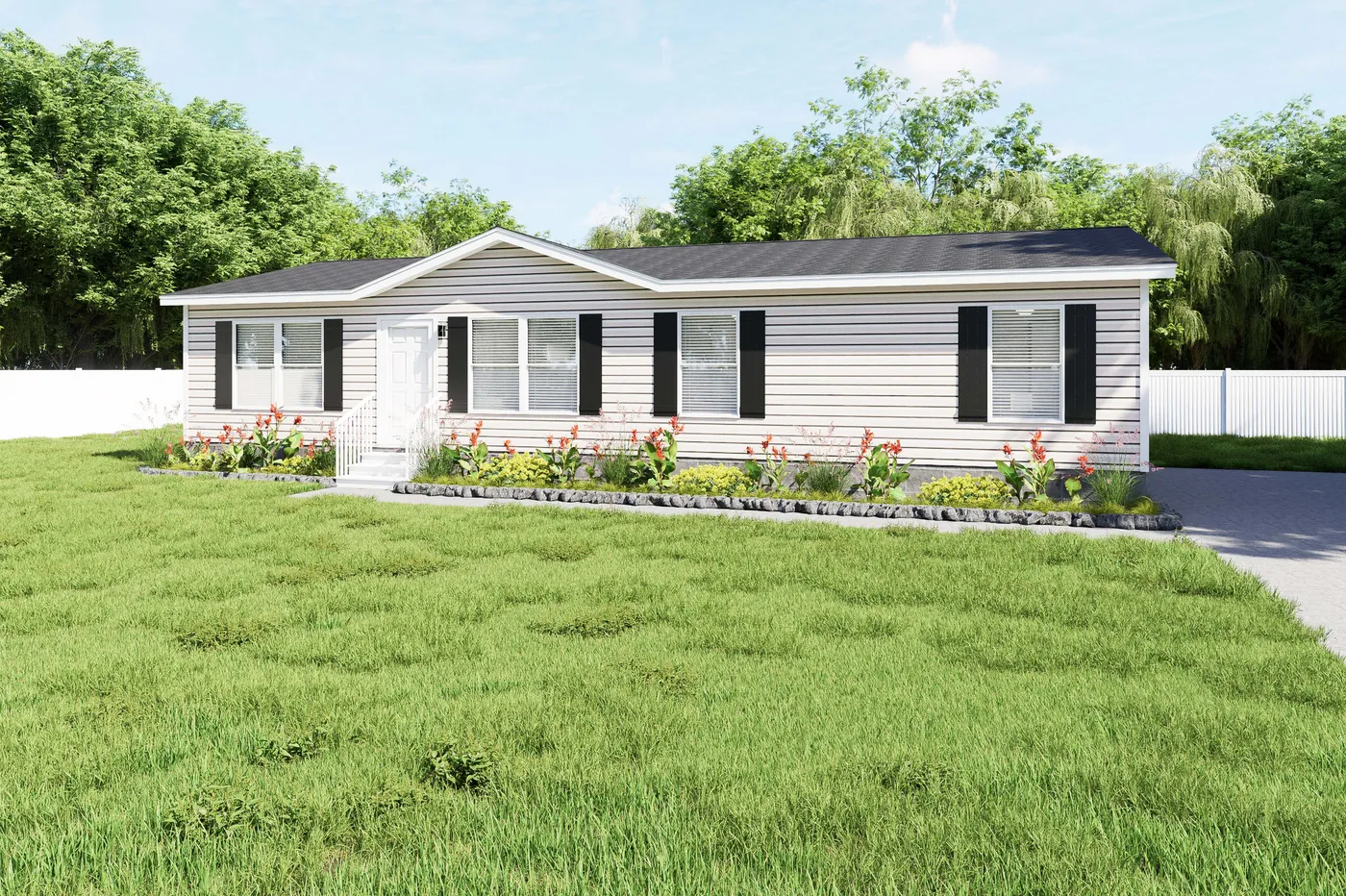 The PLATINUM ANNIVERSARY Exterior. This Manufactured Mobile Home features 3 bedrooms and 2 baths.