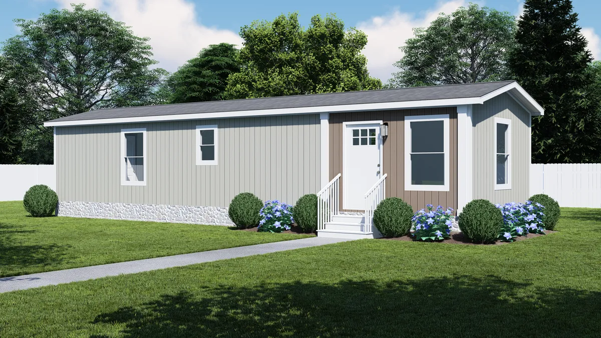 The SATISFACTION Exterior. This Manufactured Mobile Home features 2 bedrooms and 1 bath.