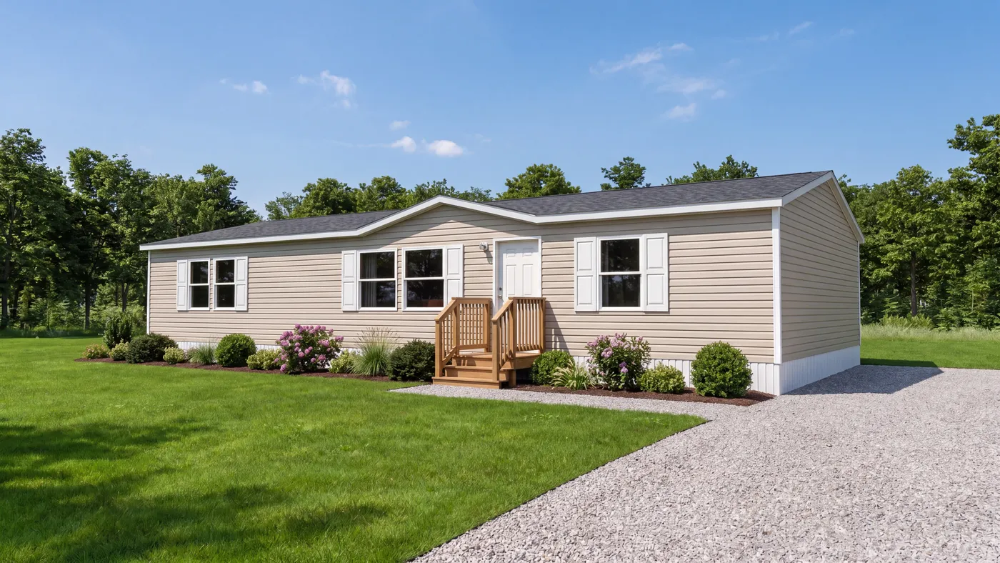 The SPRUCE Exterior. This Manufactured Mobile Home features 3 bedrooms and 2 baths.