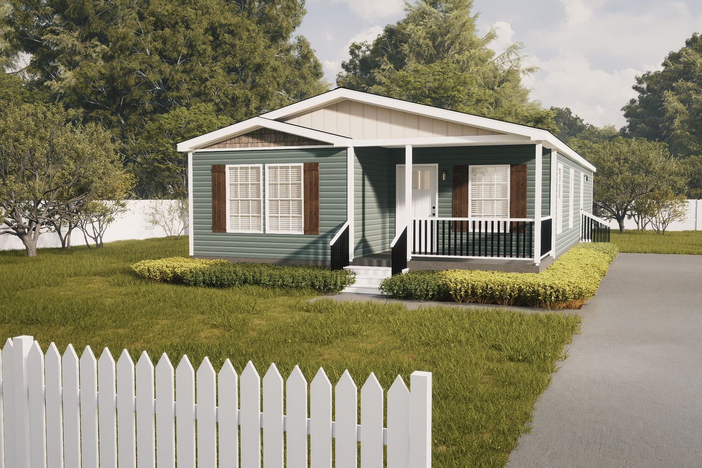 The 2889 THE COTTAGE HUD Exterior. This Manufactured Mobile Home features 3 bedrooms and 2 baths.