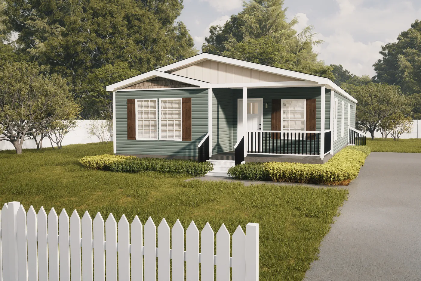 The 2889 THE COTTAGE HUD Exterior. This Manufactured Mobile Home features 3 bedrooms and 2 baths.