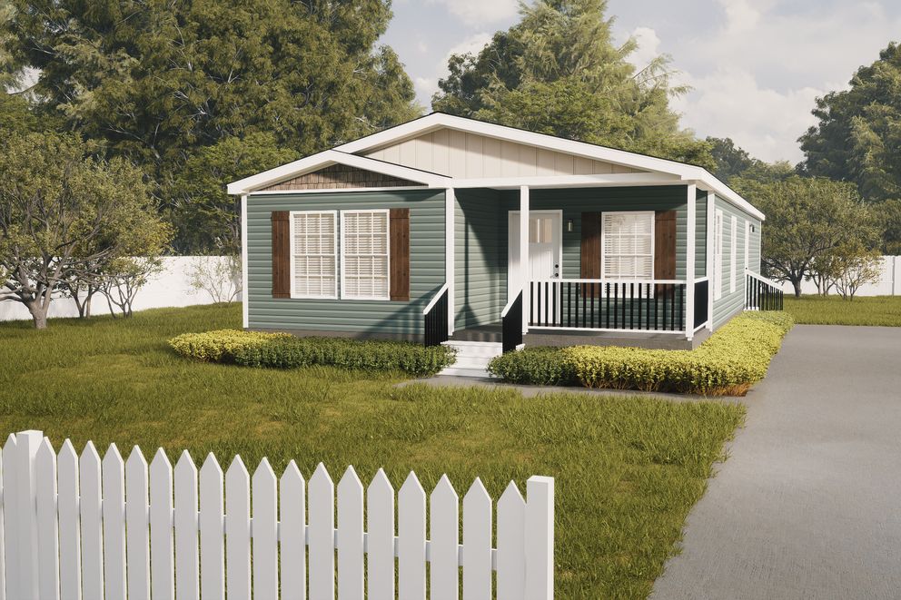 The 2889 THE COTTAGE HUD Exterior. This Manufactured Mobile Home features 3 bedrooms and 2 baths.