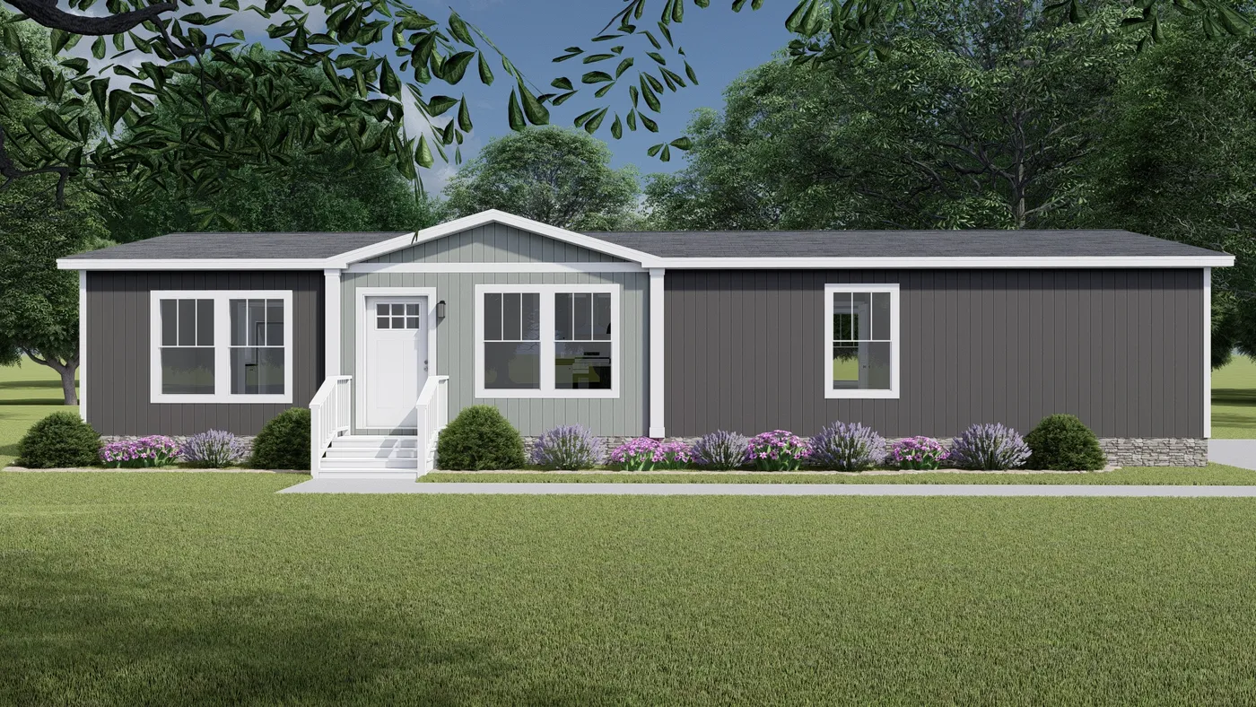 The LET IT BE Exterior. This Manufactured Mobile Home features 3 bedrooms and 2 baths.