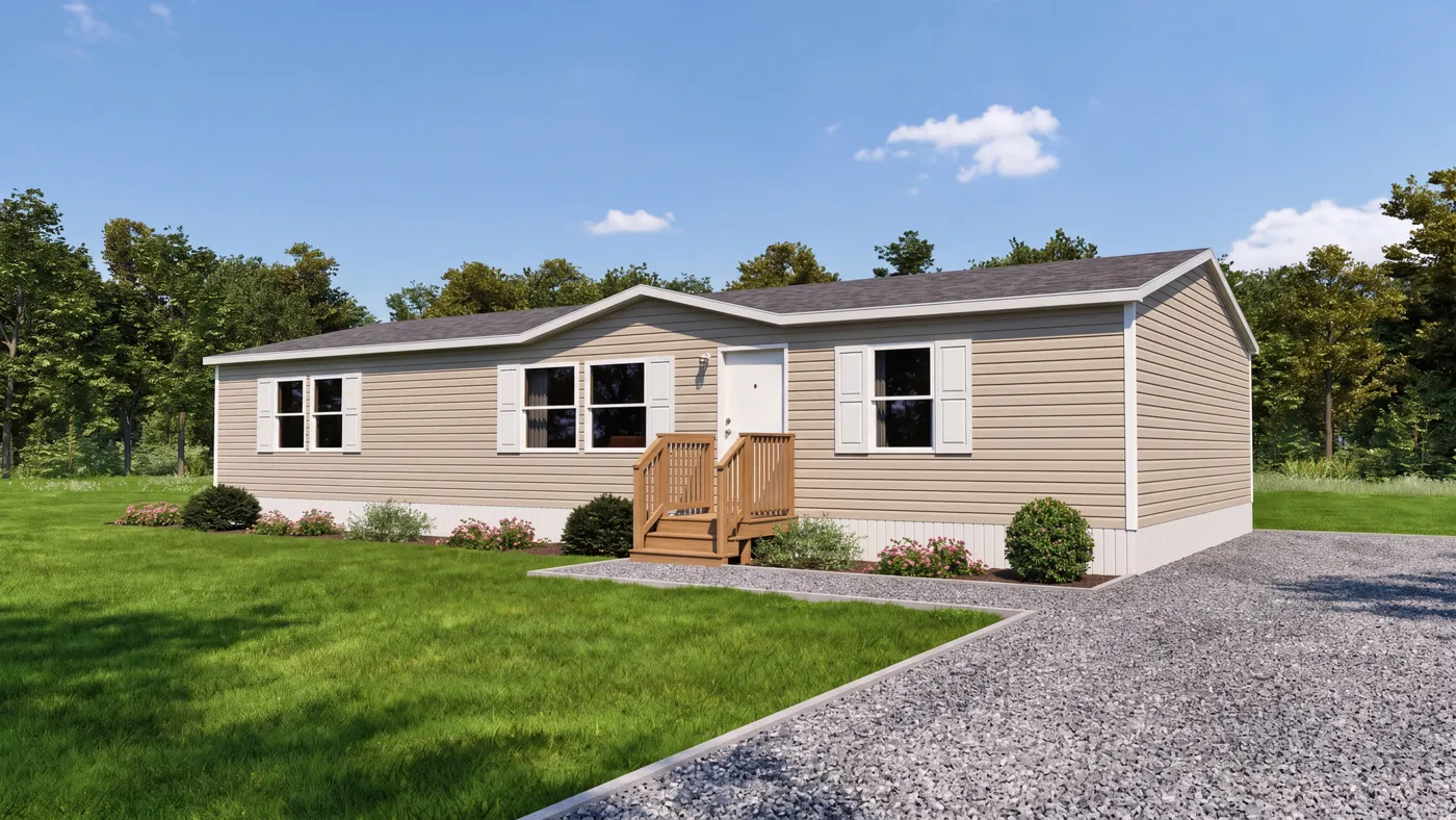 The SPRUCE Exterior. This Manufactured Mobile Home features 3 bedrooms and 2 baths.