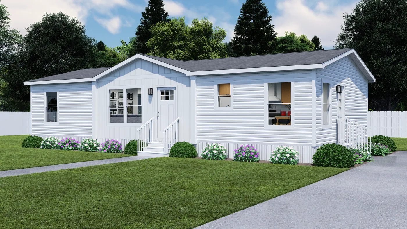 The HERE COMES THE SUN Exterior. This Manufactured Mobile Home features 3 bedrooms and 2 baths.