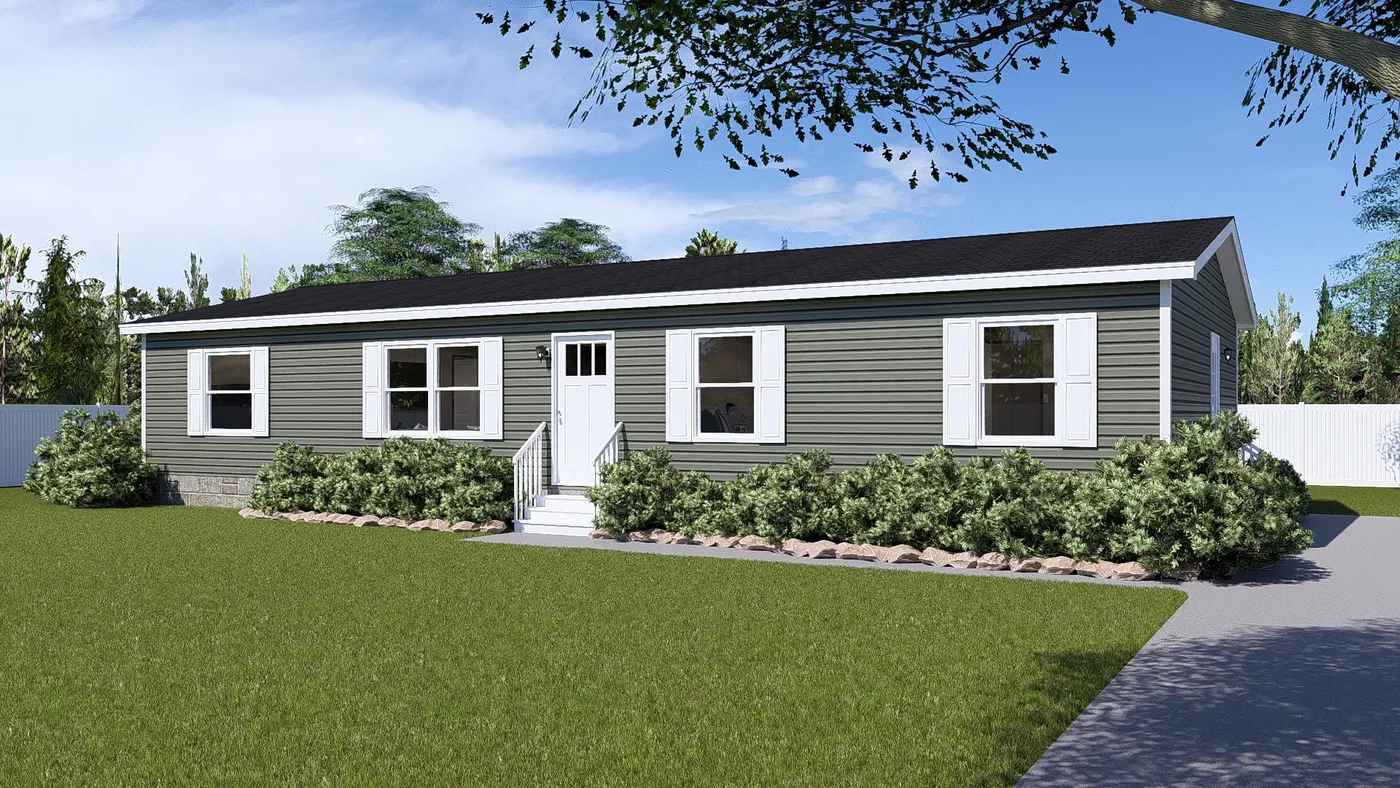 The LEGEND 28X56 3 BR Exterior. This Manufactured Mobile Home features 3 bedrooms and 2 baths.