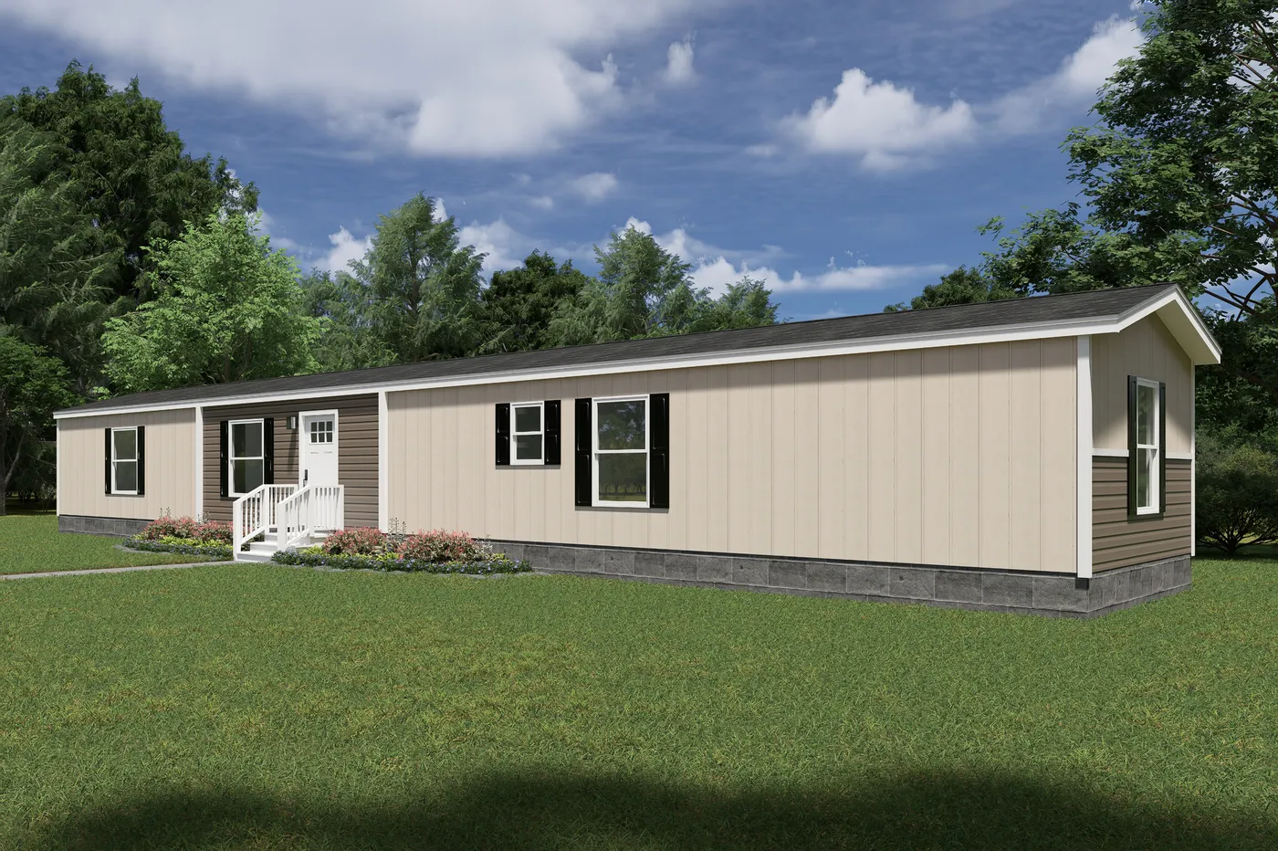 The VOYAGE Exterior. This Manufactured Mobile Home features 3 bedrooms and 2 baths.