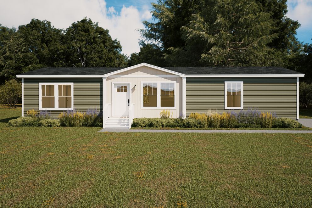 The LEAN ON ME Exterior. This Manufactured Mobile Home features 3 bedrooms and 2 baths.