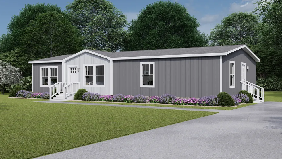 The SHOUT Exterior. This Manufactured Mobile Home features 3 bedrooms and 2 baths. Dover Gray, Thin Ice and Delicate White.
