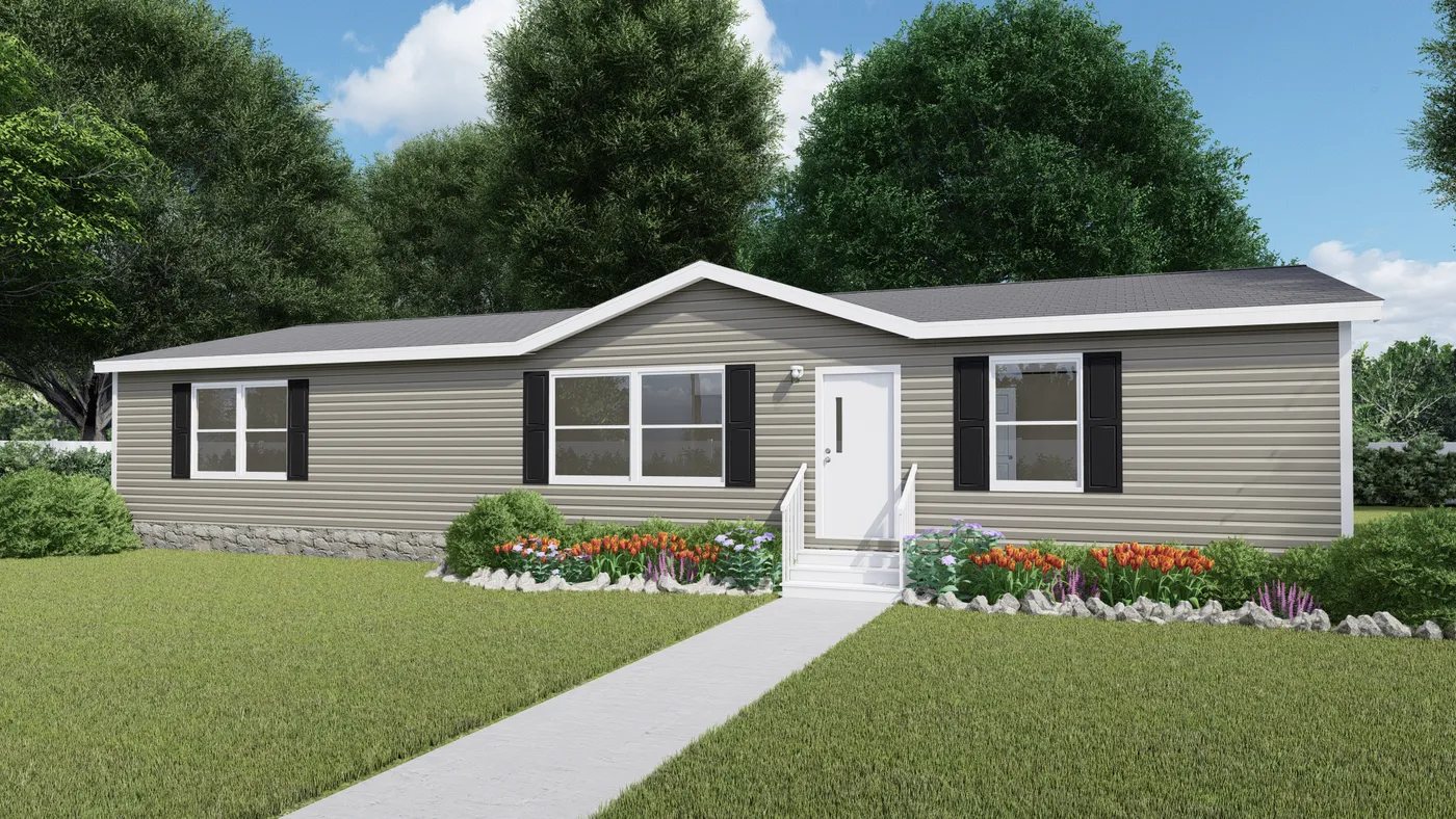 The SPRUCE Exterior. This Manufactured Mobile Home features 3 bedrooms and 2 baths.