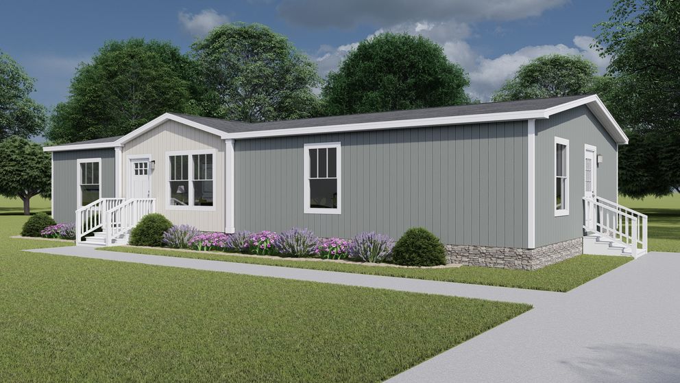 The LET IT BE Exterior. This Manufactured Mobile Home features 3 bedrooms and 2 baths. Gray Heron, Oatmeal and Delicate White. 