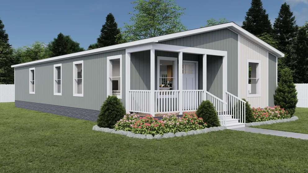 The STAYIN' ALIVE Exterior. This Manufactured Mobile Home features 3 bedrooms and 2 baths. Light Drizzle, Oatmeal and Delicate White.