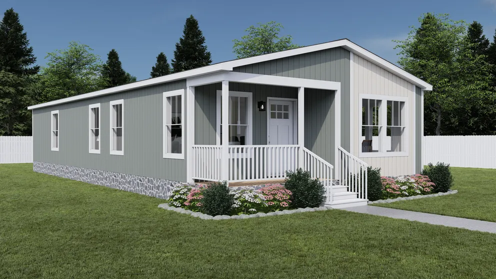 The WHOLE LOTTA LOVE Exterior. This Manufactured Mobile Home features 3 bedrooms and 2 baths. Light Drizzle, Oatmeal and Delicate White.