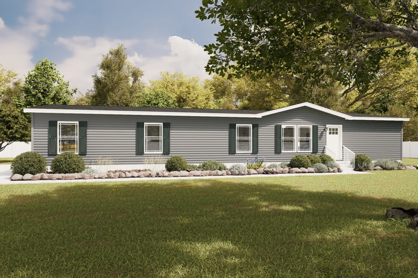 The BROOKLINE FLEX 32 WIDE Exterior. This Manufactured Mobile Home features 4 bedrooms and 3 baths.