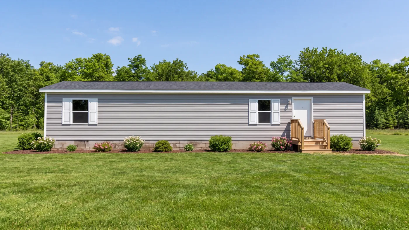 The ELM Exterior. This Manufactured Mobile Home features 2 bedrooms and 1 bath.