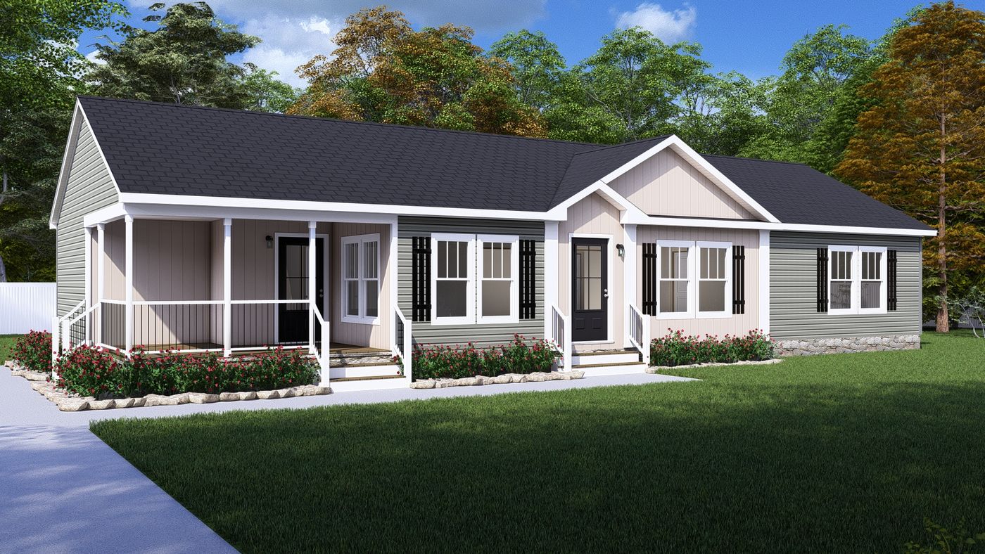 The 3459 MOD 64X28 CAROLINA Exterior. This Modular Home features 3 bedrooms and 2 baths.