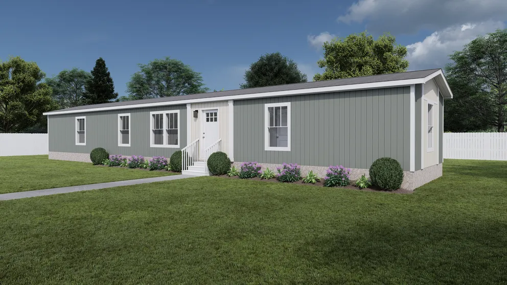The SWEET CAROLINE Exterior. This Manufactured Mobile Home features 3 bedrooms and 2 baths. Light Drizzle, Oatmeal and Delicate White.