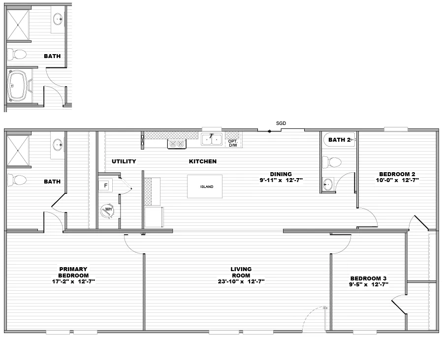 The SPRUCE Floor Plan. This Manufactured Mobile Home features 3 bedrooms and 2 baths.