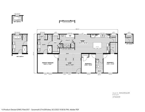 The ANNIVERSARY 56 Floor Plan. This Home features 3 bedrooms and 2 baths.