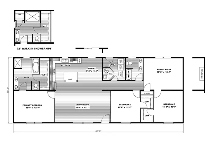The ULTRA PRO HERCULES 28X68 3BR Floor Plan. This Manufactured Mobile Home features 3 bedrooms and 2 baths.