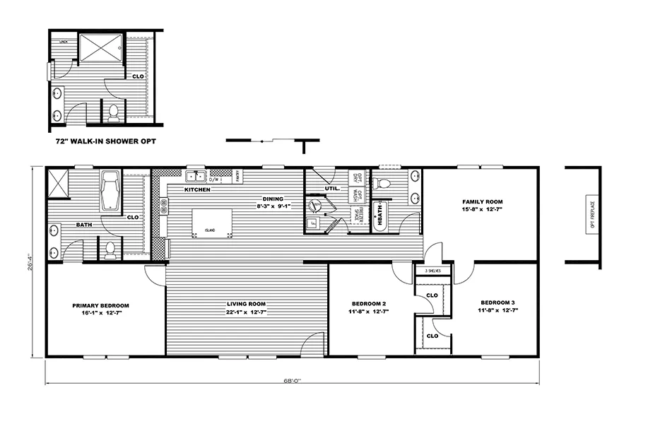 The ULTRA PRO HERCULES 28X68 3BR Floor Plan. This Manufactured Mobile Home features 3 bedrooms and 2 baths.